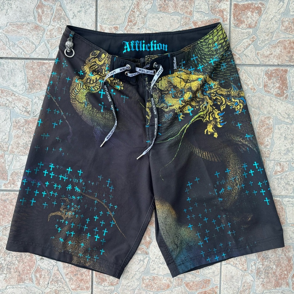 Y2K Affliction dragon and crosses beach swim trunks